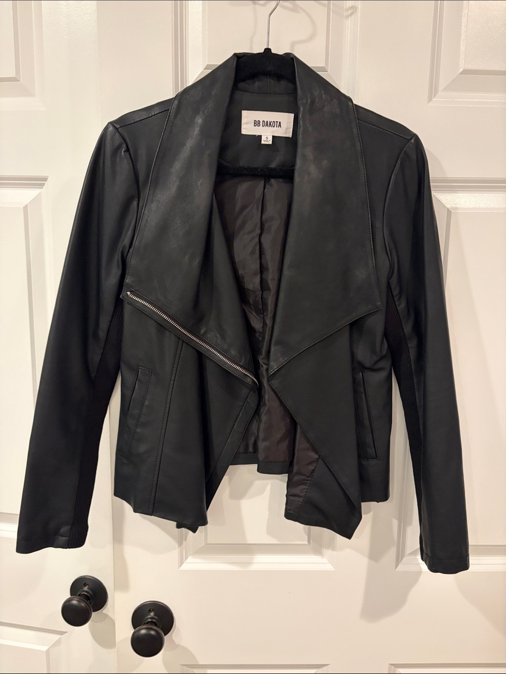 BB Dakota Black Faux Leather Asymmetrical Drape Moto Jacket